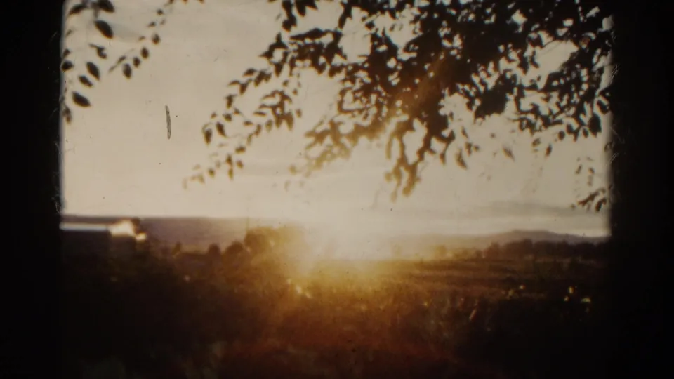 1967 Colorado 8mm frame with strong golden sun flare, distant hills, and dark leaves along the top edge.