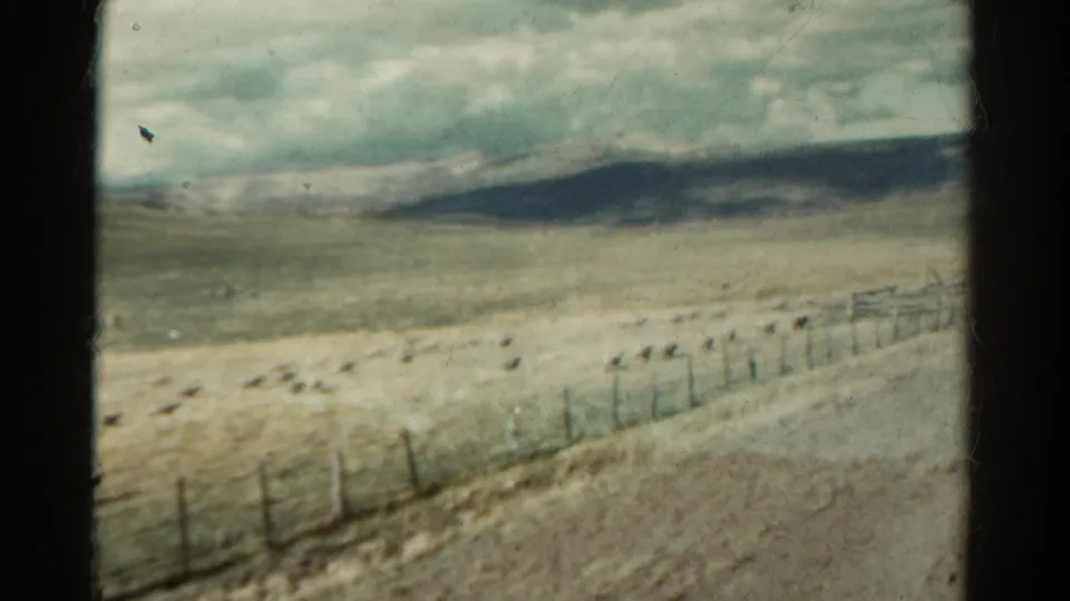 1967 Colorado 8mm frame showing a fenced pasture with grazing animals, dry open land, distant hills, and a cloudy sky.