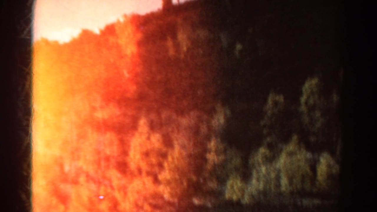 Colorado mountain trees appear through a strong orange light leak in this soft 8mm home-movie frame.