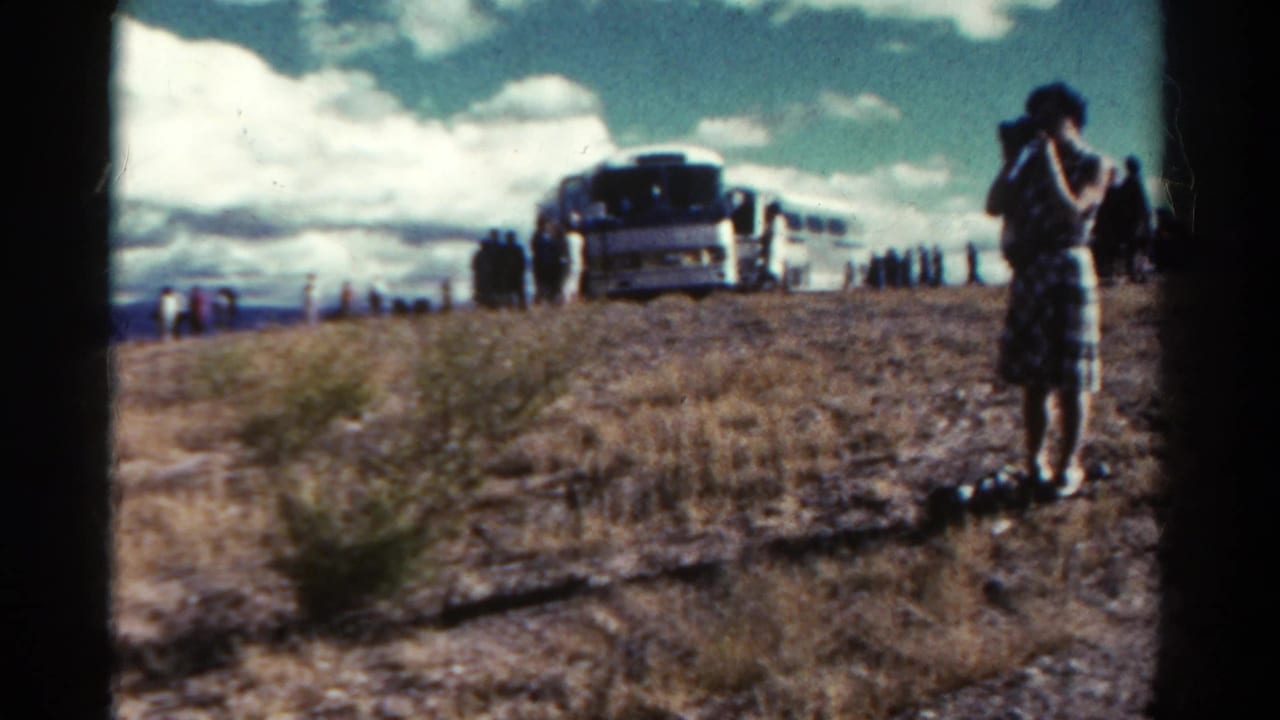 Woman standing near a tour bus on a dry scenic overlook.