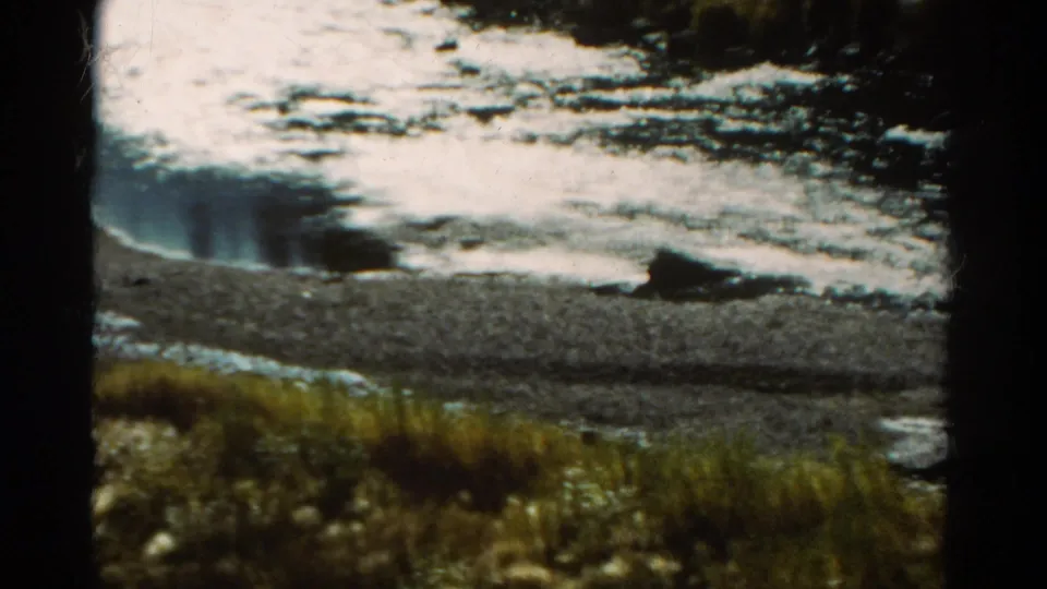 1967 Colorado frame of glistening water, gravel bank, and low vegetation captured in soft 8mm motion blur.