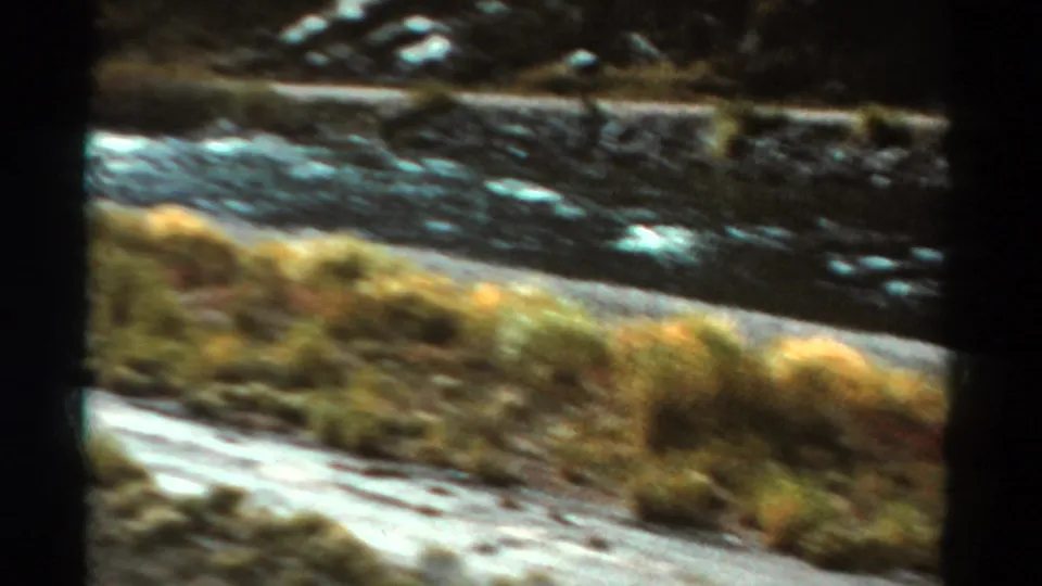 Moving 8mm view of a Colorado stream beside a pale road edge, with grasses and dark frame borders visible.