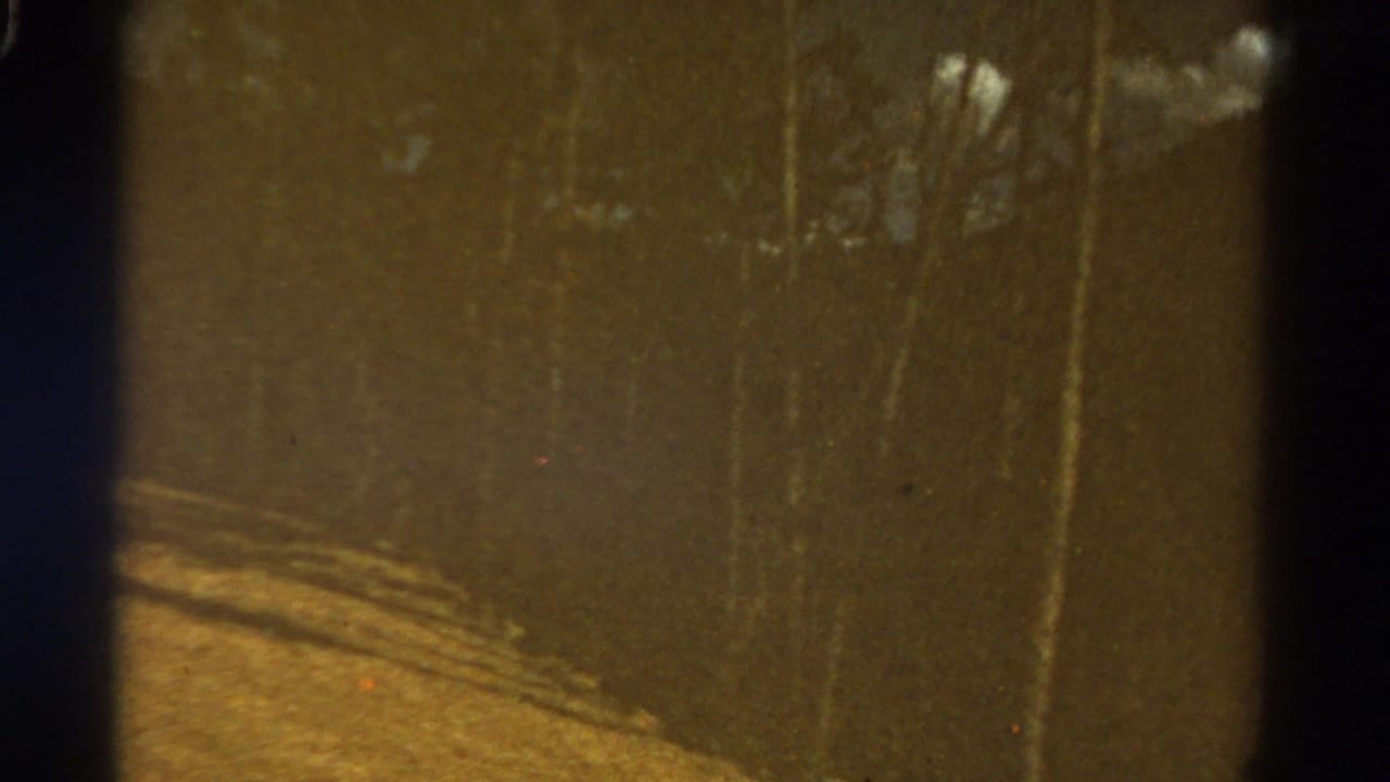 1967 Colorado home-movie frame showing a dry grassy slope, tree line, and hazy mountain forms through dark film gate shadows.