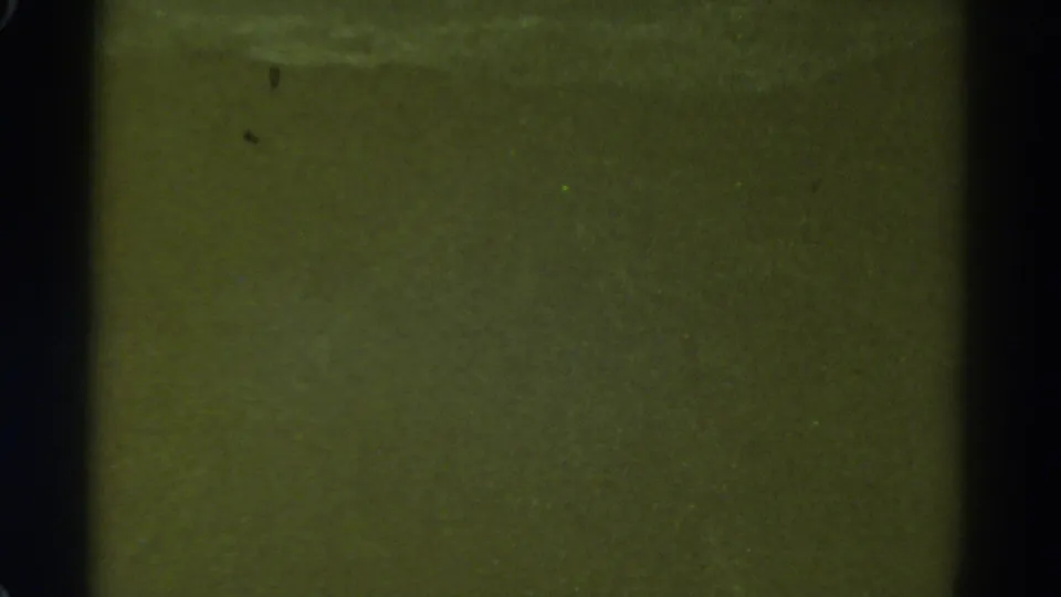 1967 Colorado 8mm frame showing a soft green field, dark gate edge, dust specks, and faint horizontal tonal shifts.