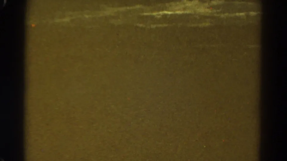 1967 home-movie frame showing a murky beach- or water-like surface, strong grain, black gate edges, and horizontal wear or light marks.