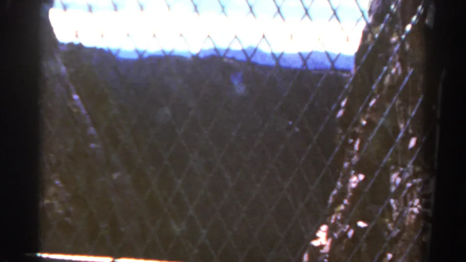1967 Colorado home-movie frame of a gated mountain shaft, with mesh fencing and deep shadow dominating the view.