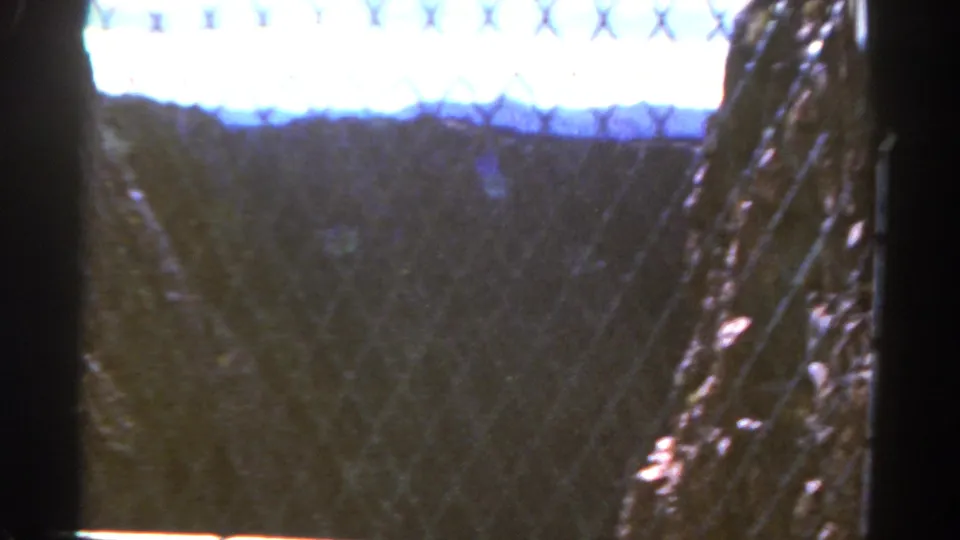 1967 Colorado 8mm frame showing a dim fenced view toward a distant landscape under bright sky.