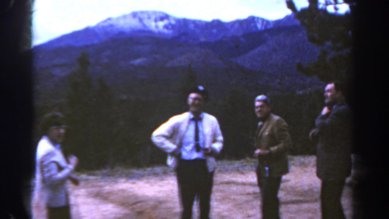 Four adults standing at a mountain overlook with trees and peaks in the background.
