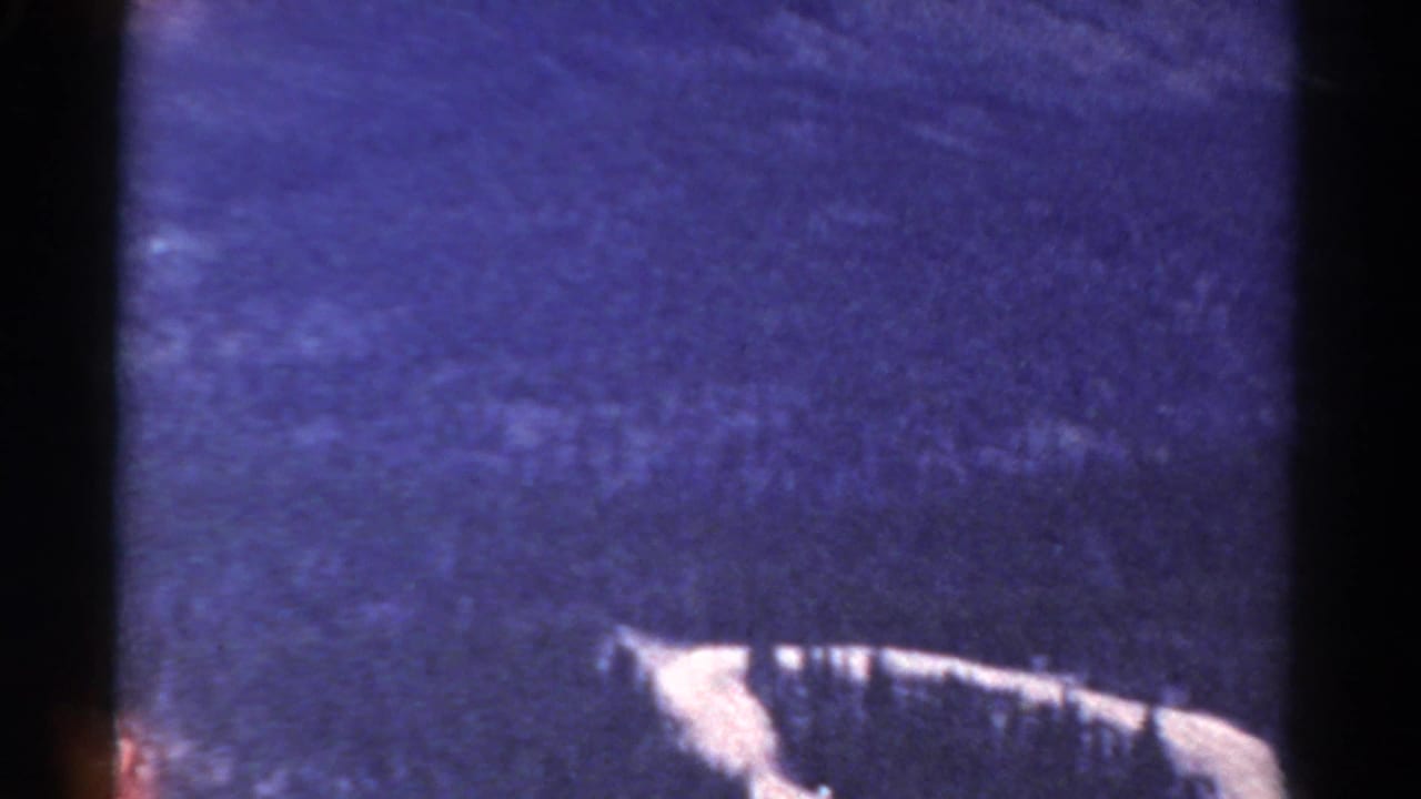 Aerial view of a light river curve against dark forest and blue-toned distance.