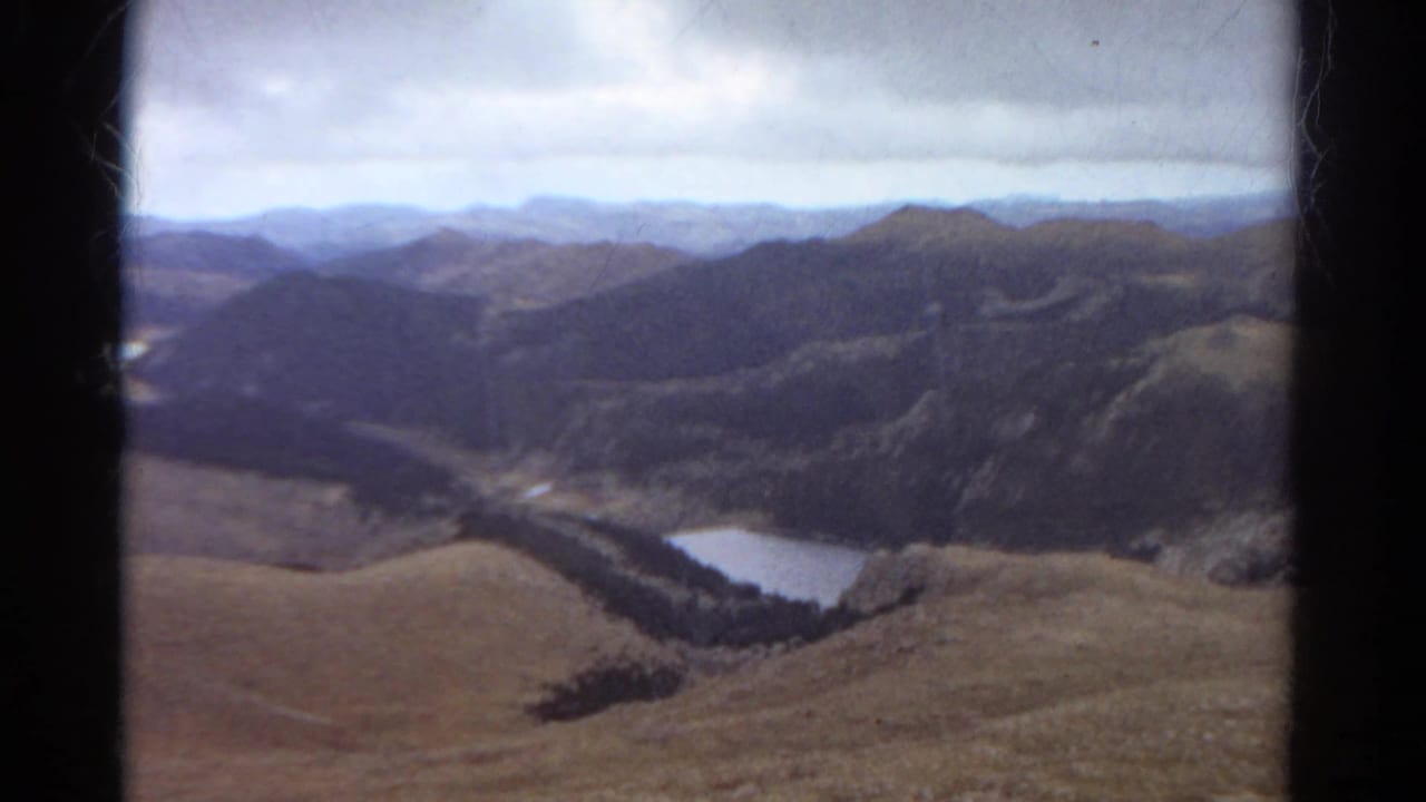 Aerial view of a valley with forested slopes, rolling hills, and a lake below.