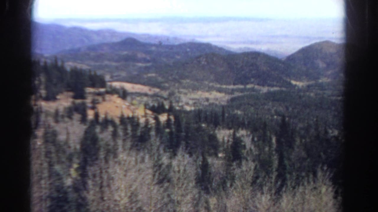 Wide mountain valley view with conifer forest, rolling hills, open slope, and bright sky.