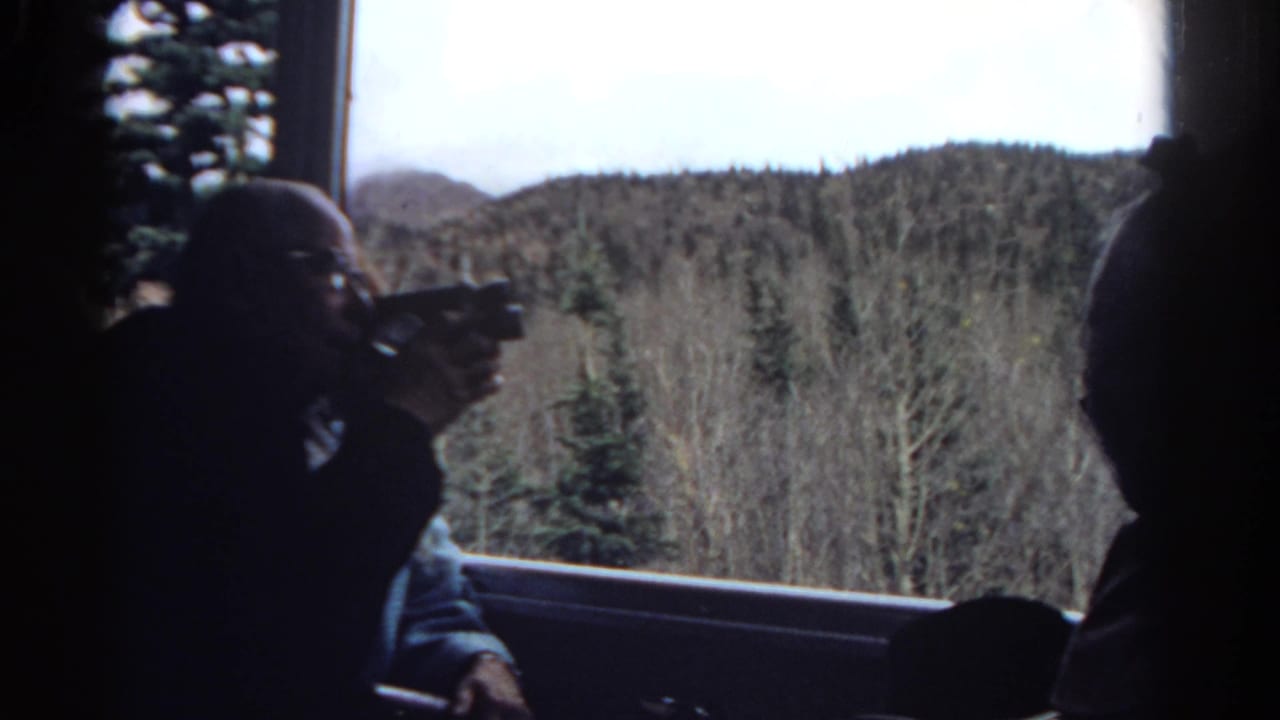 Dark train interior with a silhouetted passenger holding a camera beside a window overlooking trees and hills.