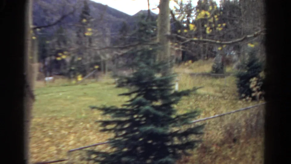 1967 Colorado home-movie frame with a dark window divider, fenced yard, evergreen trees, autumn foliage, and mountain ridge.