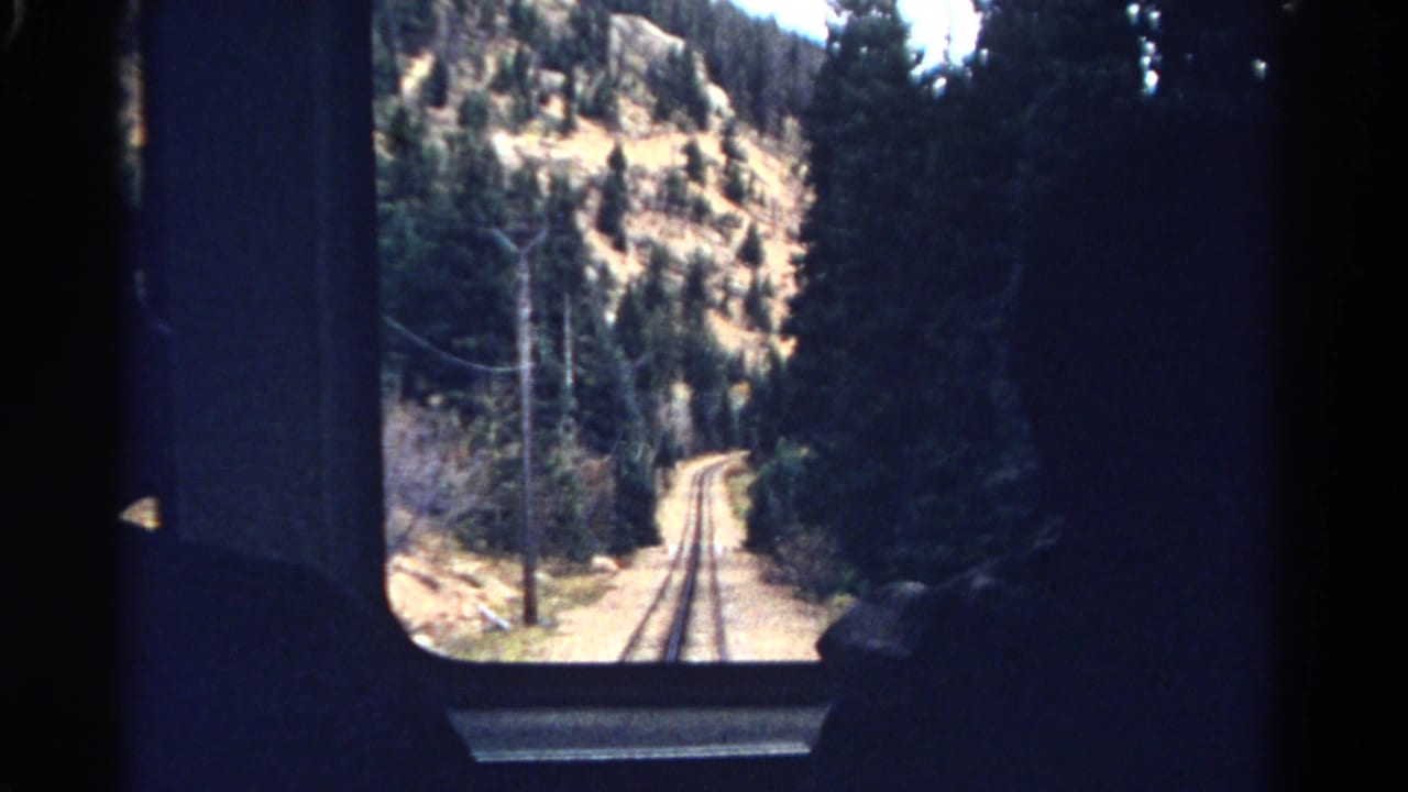 Rail tracks curve through pine trees, framed by a dark train-window interior.