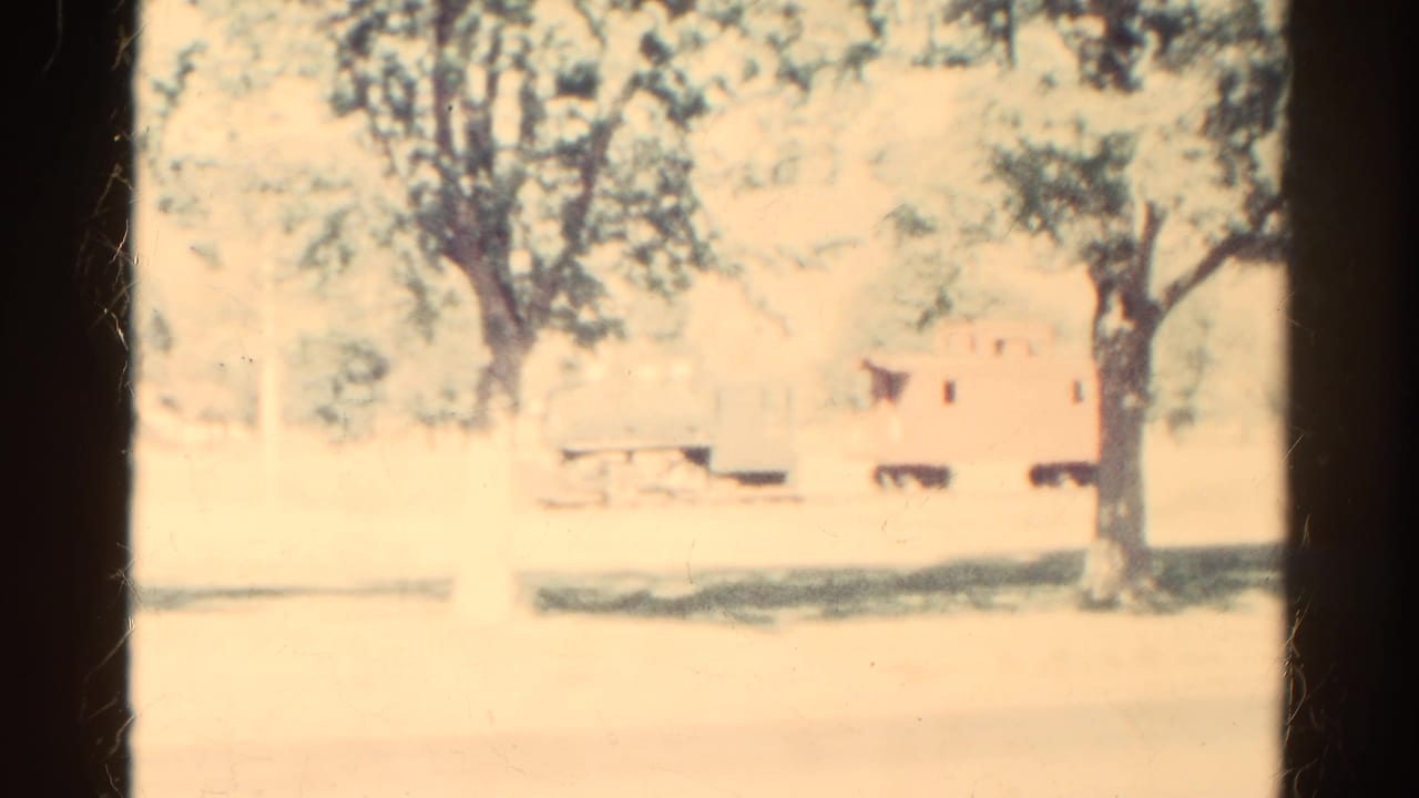 1967 Colorado 8mm frame showing a washed-out rural rail setting with trees, track, and a faint red car or caboose beyond the trunks.