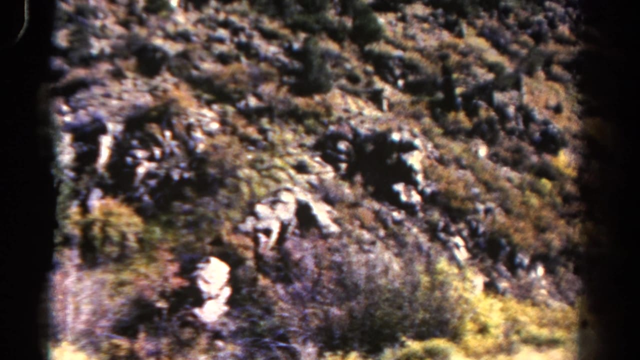 1967 Colorado home-movie frame showing a rocky, brush-covered hillside viewed through a moving bus window.