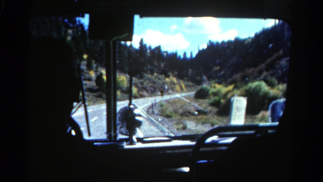 View through a bus windshield toward a winding forest road and mountain hills.