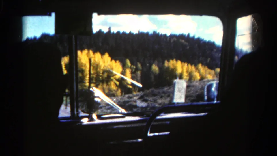 Passenger-side view from a 1967 Colorado car ride, with dark interior shapes and golden trees across a wooded hill.