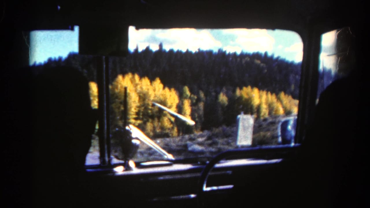 1967 Colorado 8mm frame from inside a car, with silhouetted occupants and an autumn forest visible through the side window.