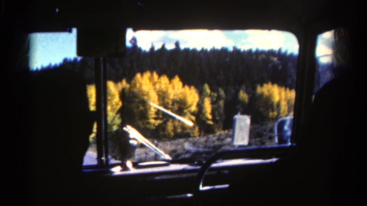 Inside-car view in 1967 Colorado, with dark passenger shapes and a bright autumn stand of trees beyond the window.