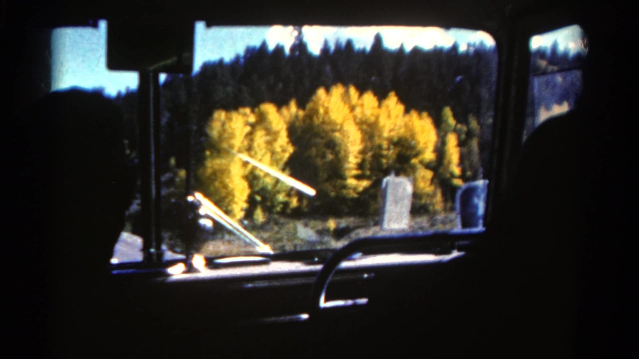 1967 Colorado 8mm frame showing a dark vehicle interior and window view of golden autumn trees against forested hills.