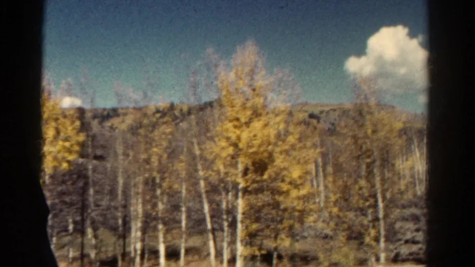 1967 Colorado home-movie still with yellow aspens, a wooded hillside, blue sky, and dark vehicle-window borders.