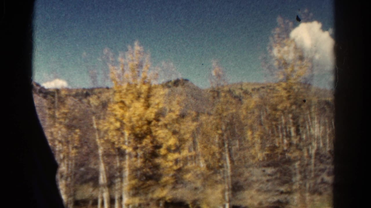 Golden aspen trees and distant hills seen through a dark train window border.