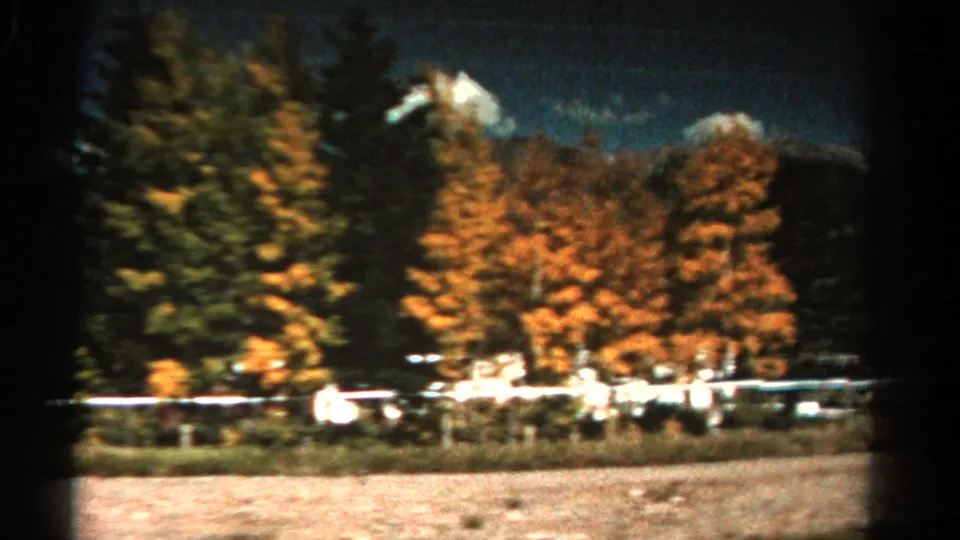 1967 Colorado home-movie frame with orange and green trees, parked vehicles, white fencing, and a roadside foreground.