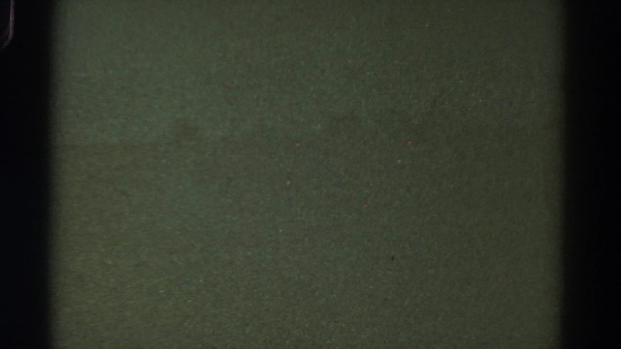 Greenish low-light film field with heavy grain and dark vertical borders.