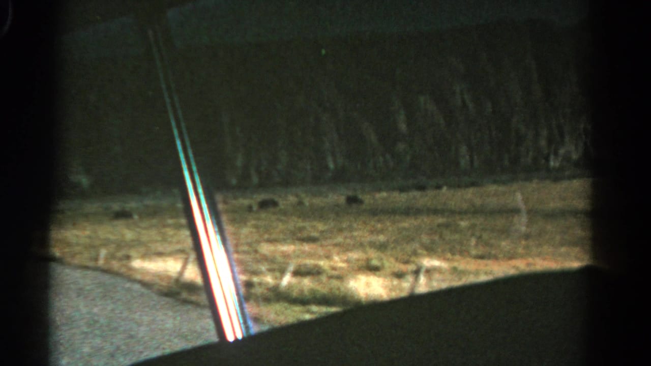 Car-window view across dry grass and low hills, with fence posts and a road edge visible.
