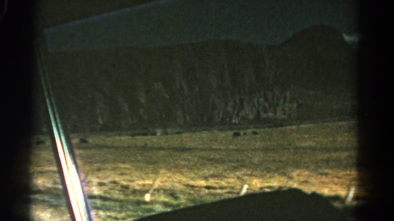 Open field and distant mountains seen through a moving vehicle window.