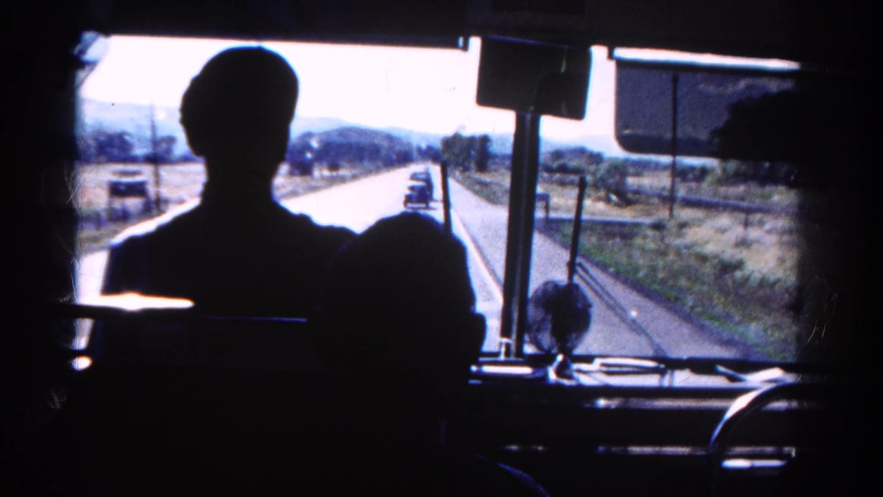 Bus driver's silhouette seen through the windshield as the bus travels on a rural two-lane road.