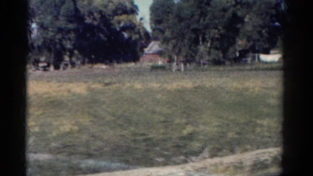 Open field with trees, fence line, and small rural structures in the distance.