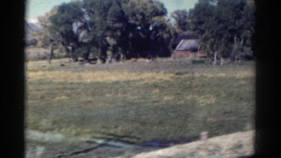1967 Colorado 8mm frame showing pasture, mature trees, a small barn or shed, and a faint mountain backdrop.
