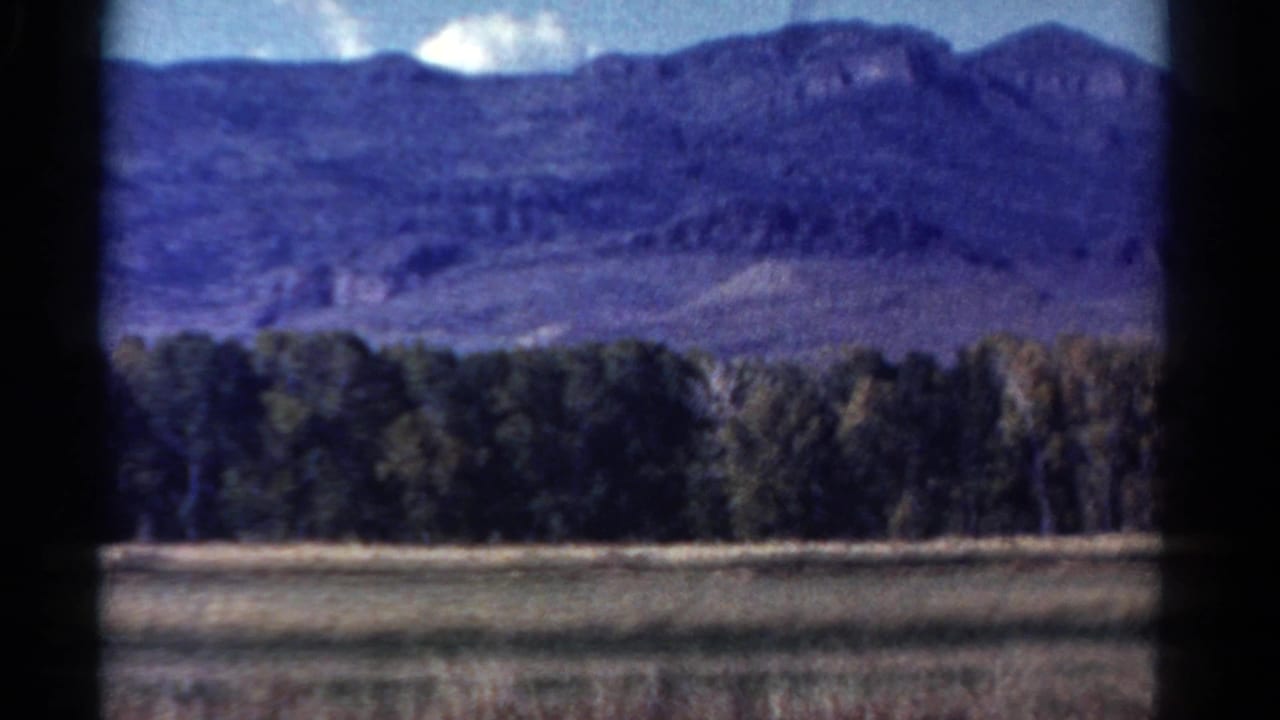 1967 Colorado 8mm frame showing a mountain ridge, blue sky, open field and dense trees from a moving car window.