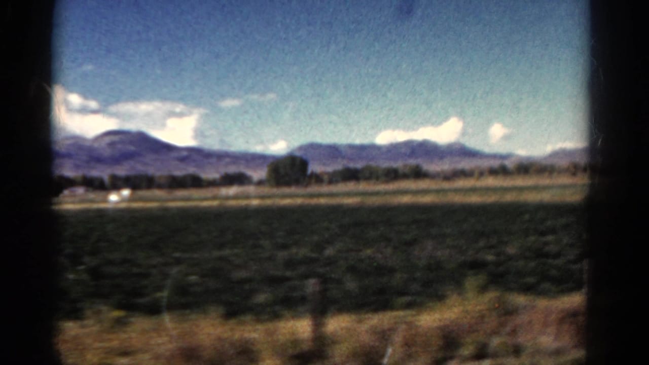 Open fields, distant trees, and mountains viewed from a moving car.