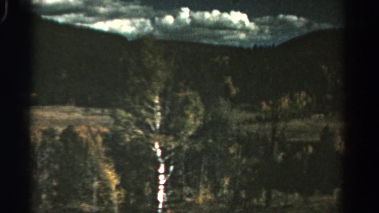 Trees and hillside seen through a dark vehicle window frame.