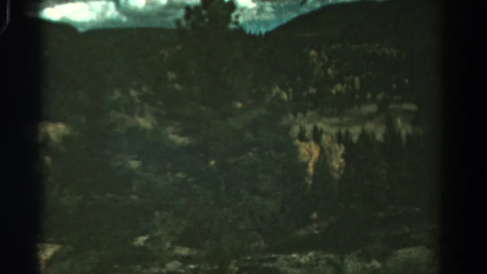 A 1967 Colorado home-movie view of dense evergreen hills with pale autumn color visible across the slope.