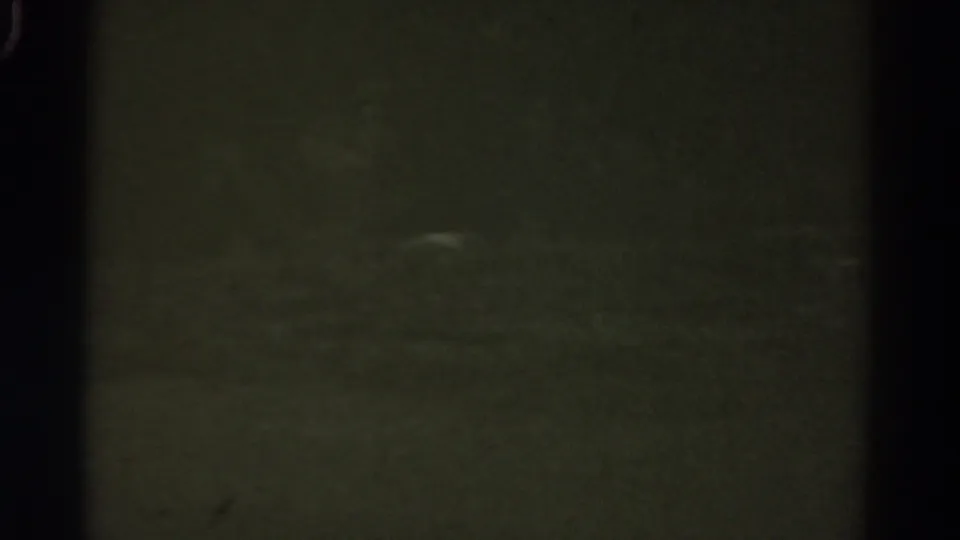 Underexposed 1967 Colorado home-movie frame showing a dark vertical bar, murky roadside ground, and faint pale shapes.