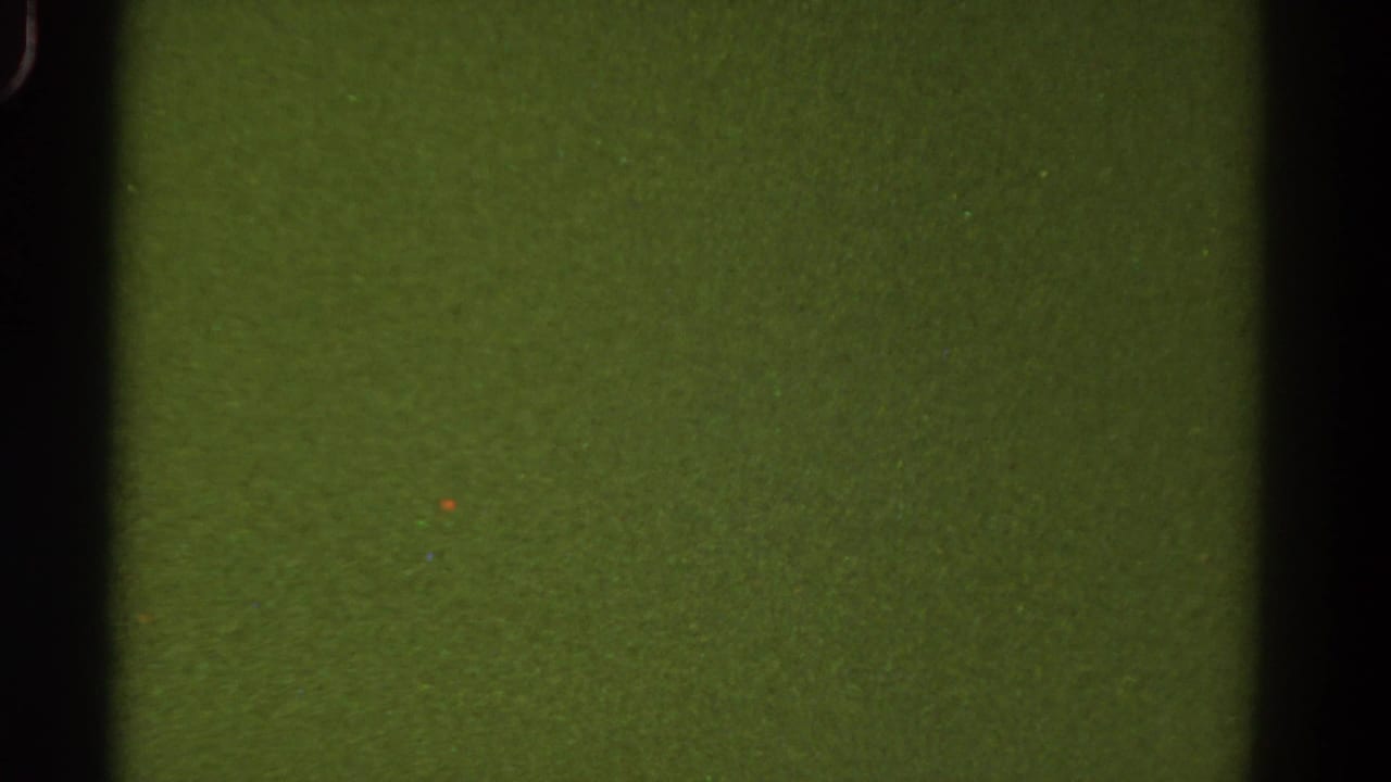 1967 Colorado 8mm home-movie frame showing a static green field with dark vertical borders, grain, and small speckles.