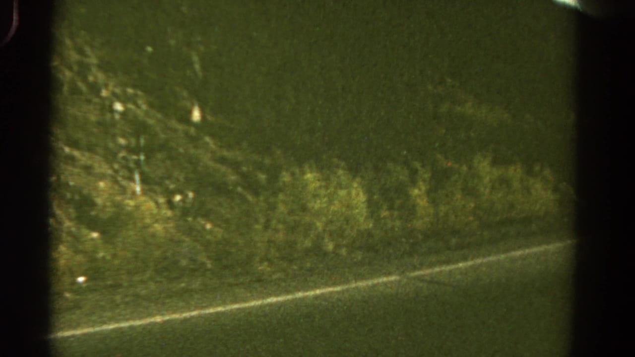 Rocky roadside slope and vegetation beside a road, seen through green film tint.