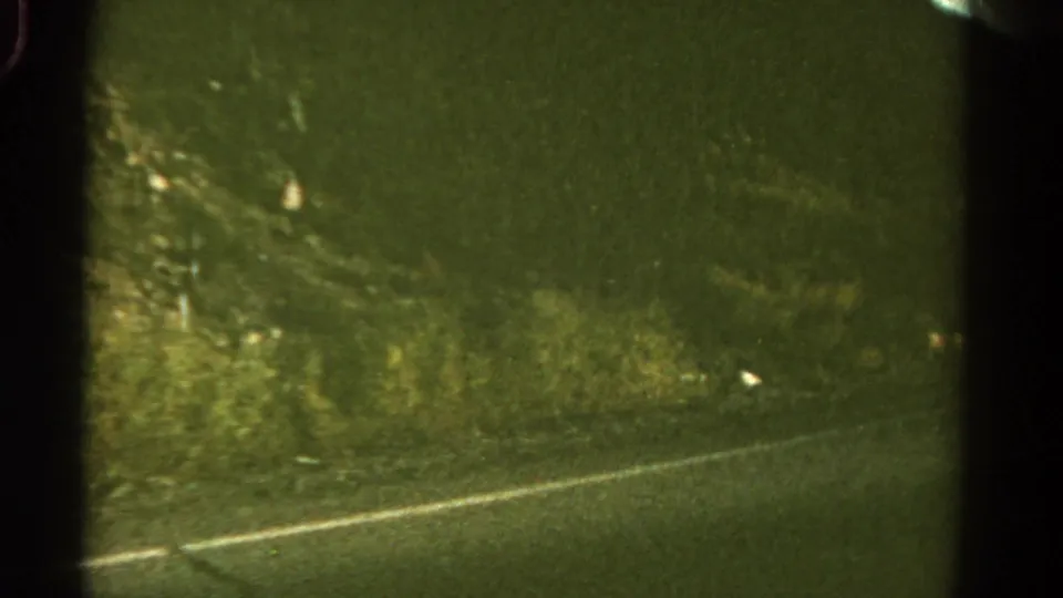 Green-tinted 1967 Colorado roadside frame with brush, rocks, and a diagonal road edge.