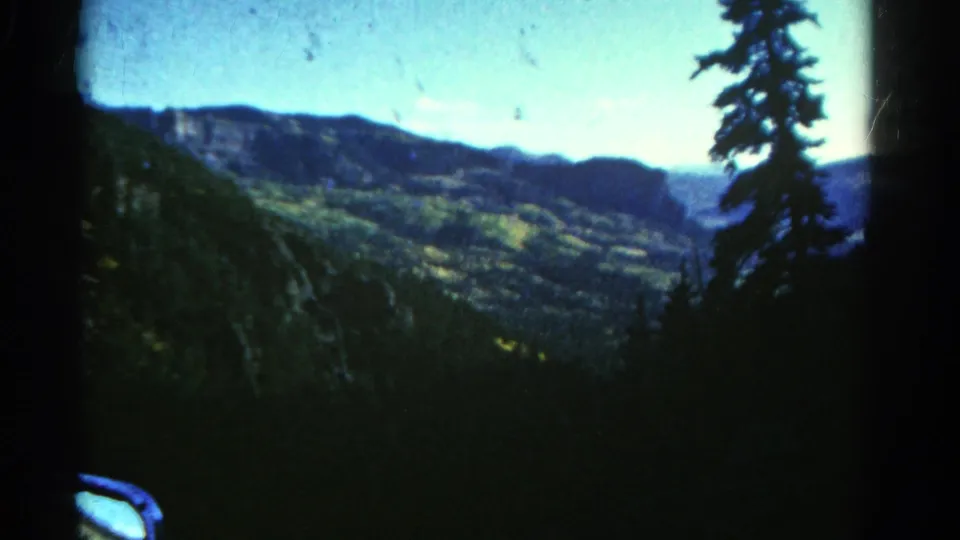 1967 Colorado 8mm frame showing forested mountain slopes, a bright valley, blue sky, and a tall evergreen silhouette at right.