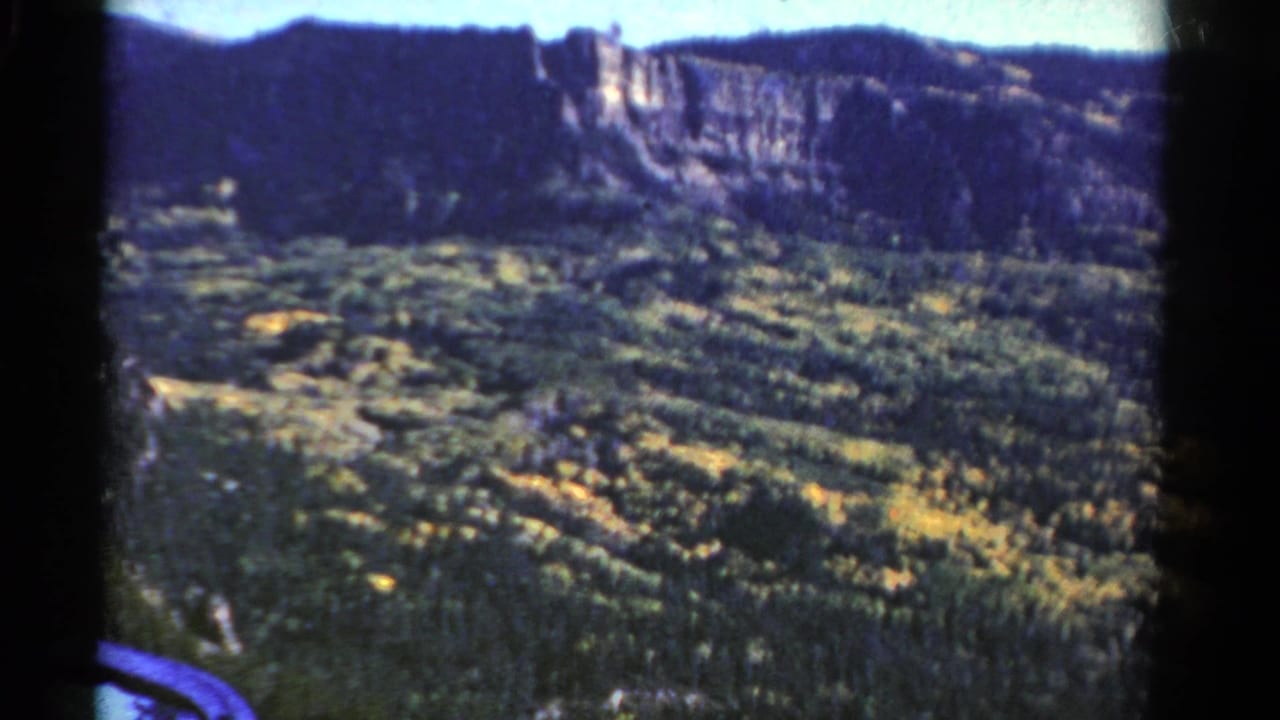 Forested valley below a pale cliff face with dark film borders.