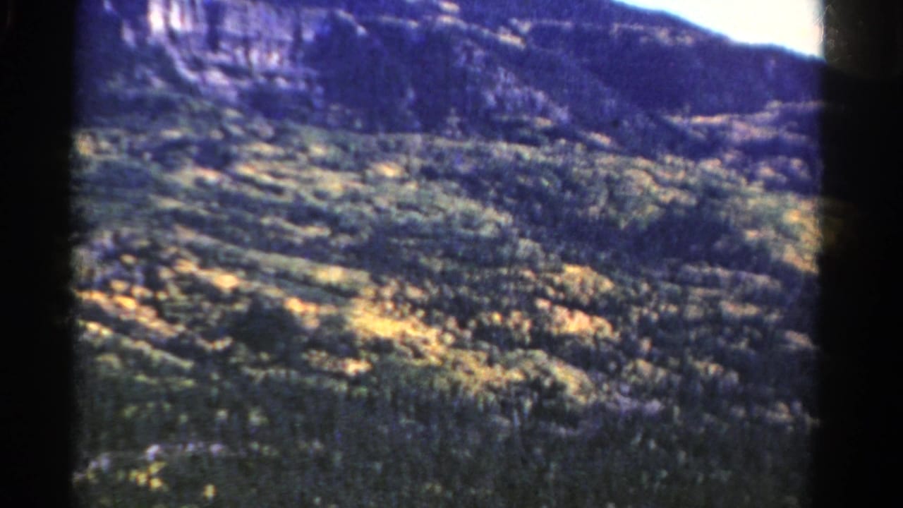 1967 Colorado 8mm aerial view over wooded mountain terrain with sunlit patches and a distant ridge.