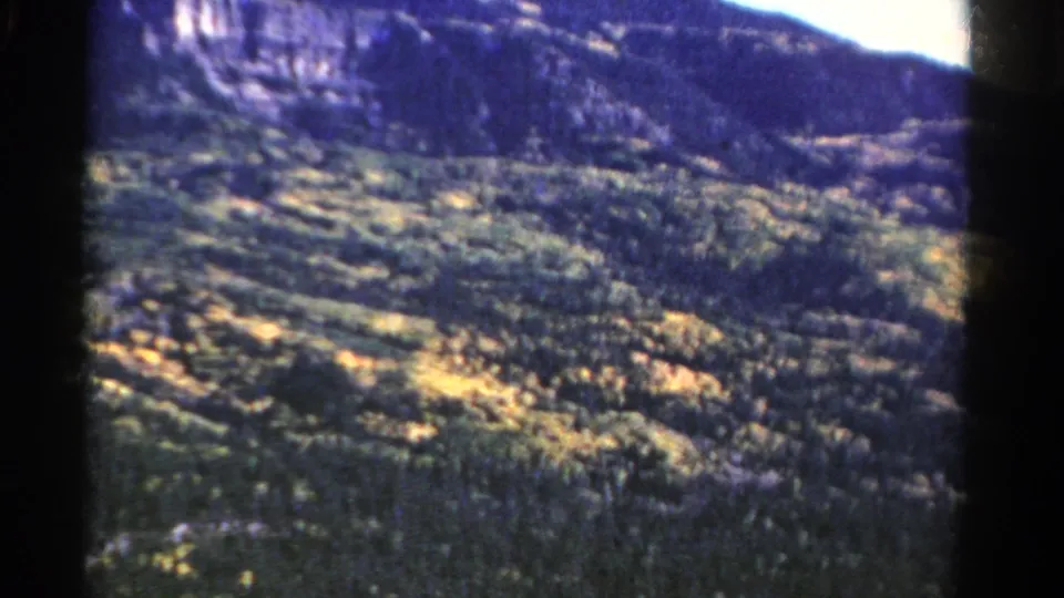 1967 Colorado 8mm aerial view over wooded mountain terrain with sunlit patches and a distant ridge.