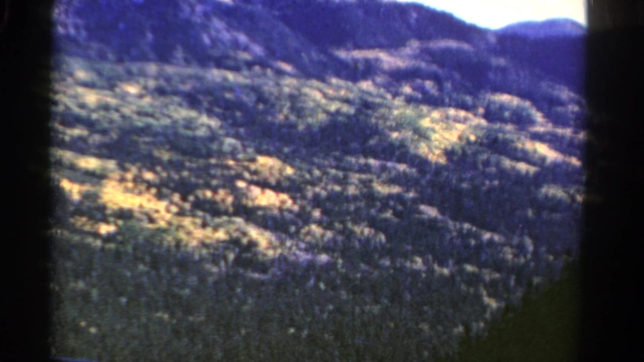 1967 Colorado home-movie frame looking down over forested ridges with uneven exposure and blue color shift.