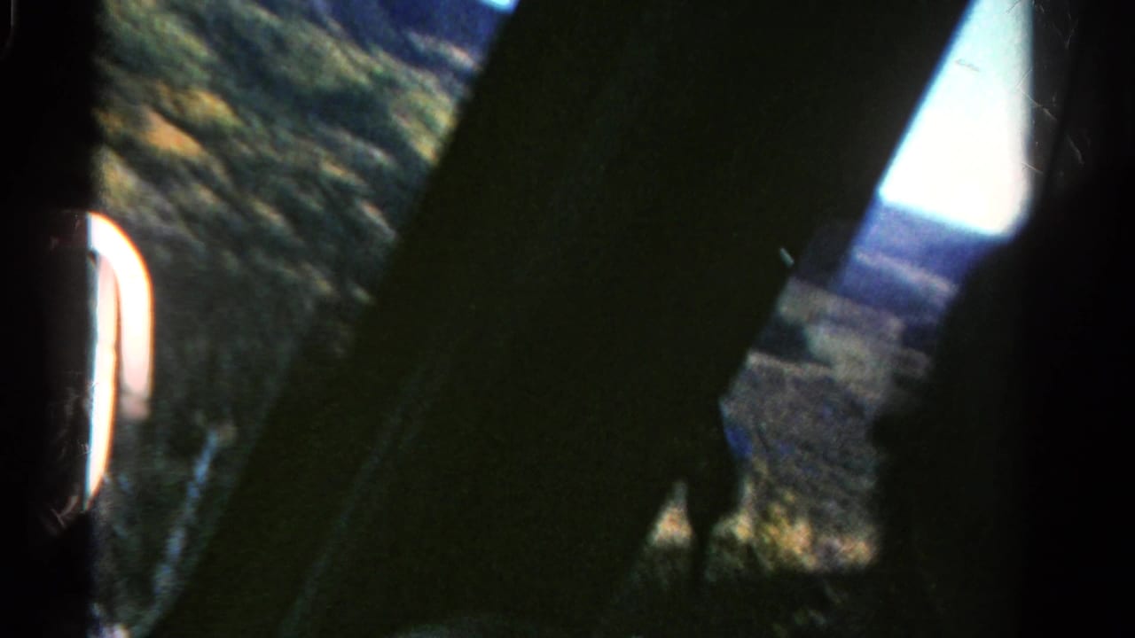 Blurred mountain landscape partly blocked by dark vehicle interior framing.