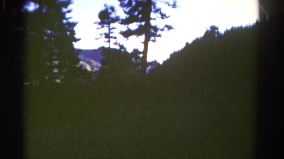 A shadowed Colorado forest foreground opens briefly to a pale sky and distant mountain forms in this 1967 8mm frame.