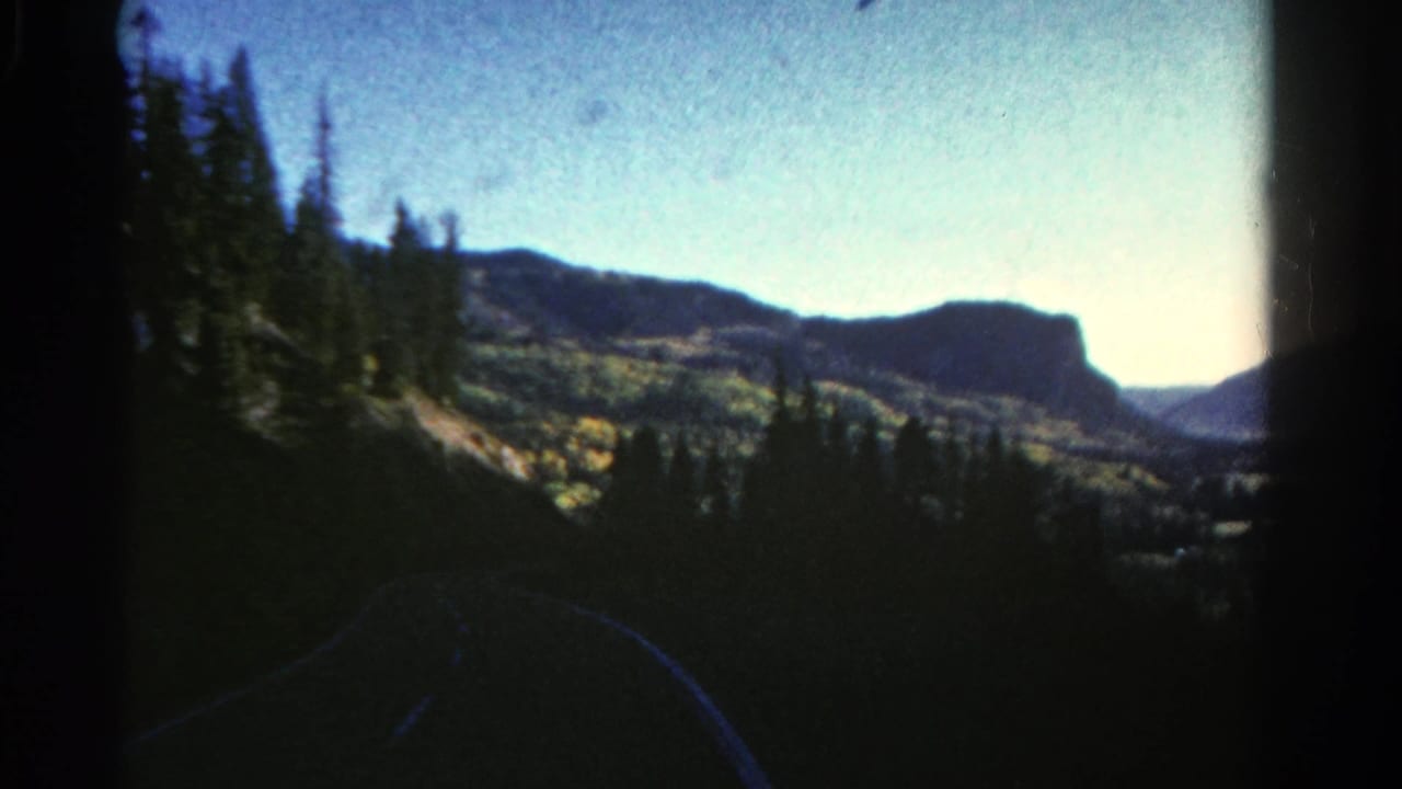 Pine-lined mountain valley with road edge in shadow and flat-topped mesa in the distance.